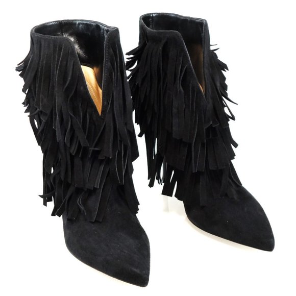 NIB$1265 SERGIO ROSSI Fringed Ankle Suede Booties Pointed Toe Stiletto Heels 37 - Picture 11 of 16